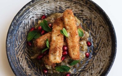 Halloumi with mint and creamed aubergine
